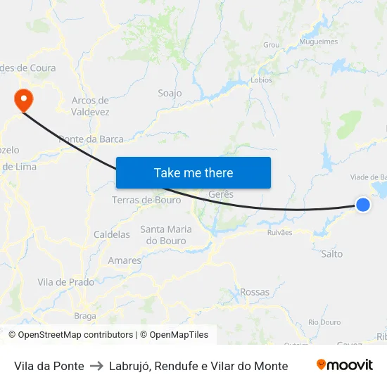 Vila da Ponte to Labrujó, Rendufe e Vilar do Monte map
