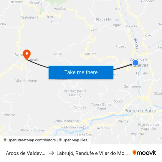 Arcos de Valdevez to Labrujó, Rendufe e Vilar do Monte map