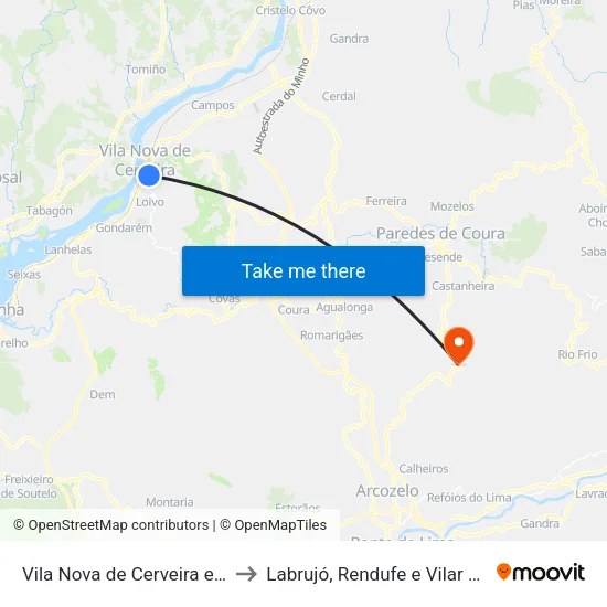 Vila Nova de Cerveira e Lovelhe to Labrujó, Rendufe e Vilar do Monte map