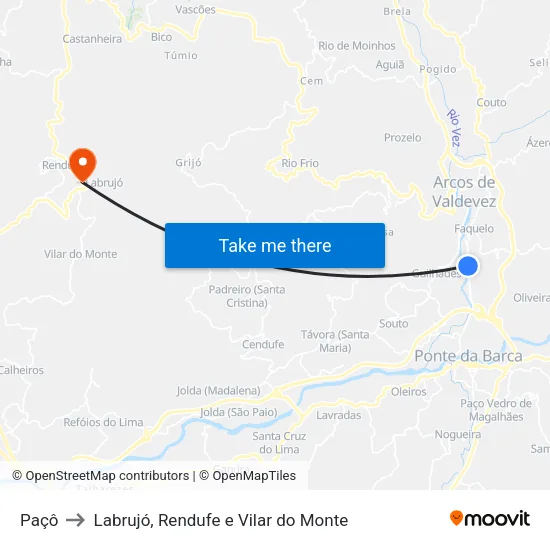 Paçô to Labrujó, Rendufe e Vilar do Monte map