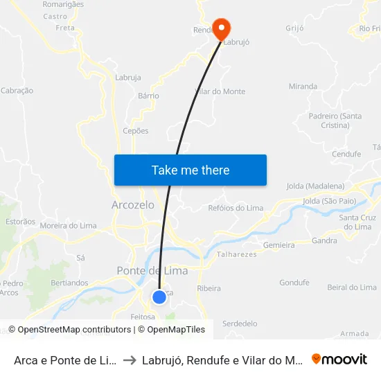 Arca e Ponte de Lima to Labrujó, Rendufe e Vilar do Monte map