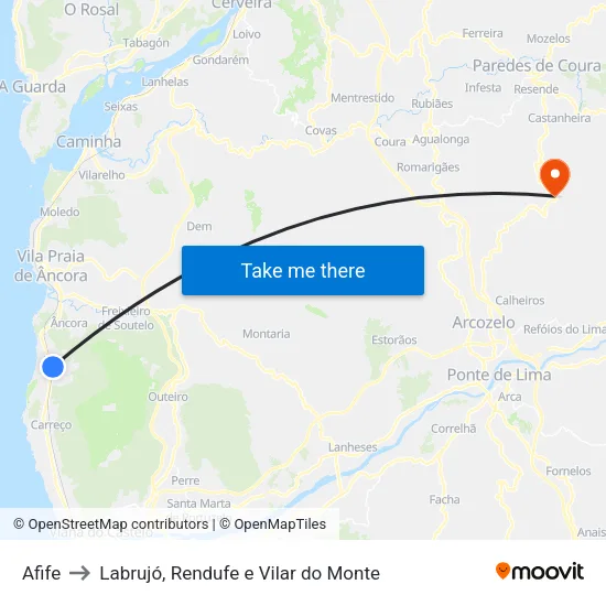 Afife to Labrujó, Rendufe e Vilar do Monte map