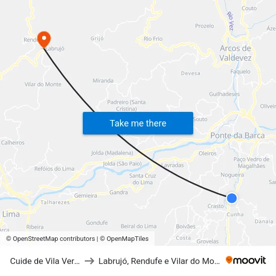 Cuide de Vila Verde to Labrujó, Rendufe e Vilar do Monte map