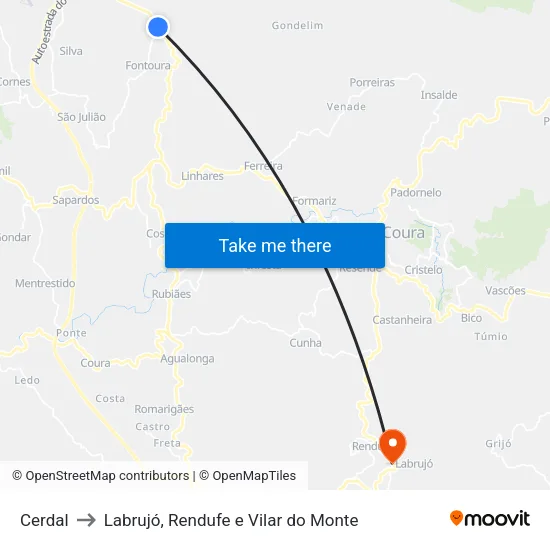 Cerdal to Labrujó, Rendufe e Vilar do Monte map