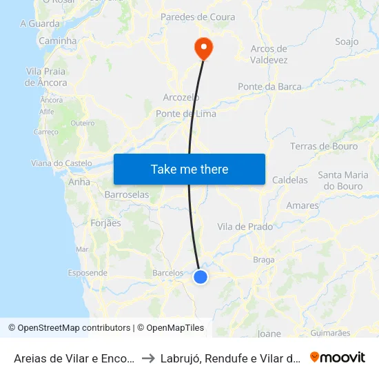 Areias de Vilar e Encourados to Labrujó, Rendufe e Vilar do Monte map