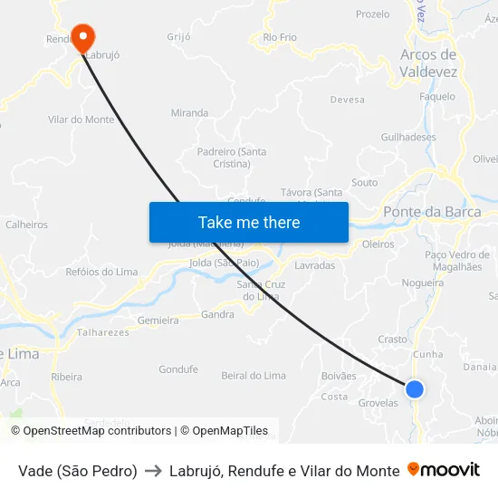 Vade (São Pedro) to Labrujó, Rendufe e Vilar do Monte map