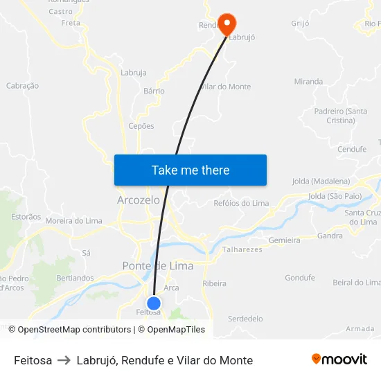 Feitosa to Labrujó, Rendufe e Vilar do Monte map