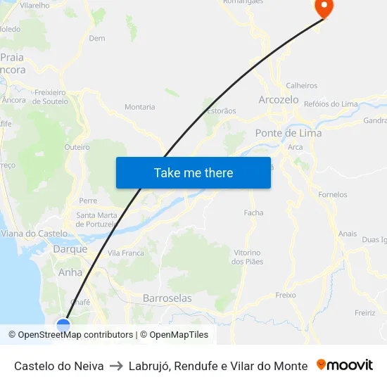 Castelo do Neiva to Labrujó, Rendufe e Vilar do Monte map