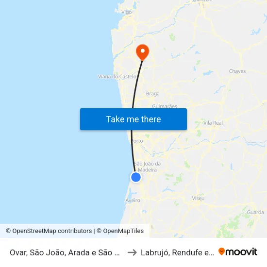 Ovar, São João, Arada e São Vicente de Pereira Jusã to Labrujó, Rendufe e Vilar do Monte map