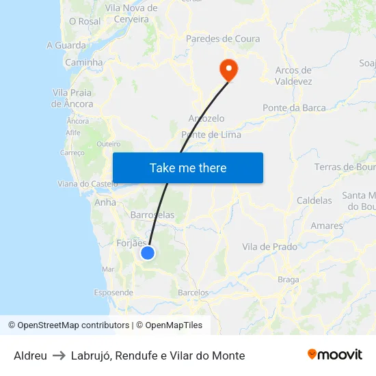 Aldreu to Labrujó, Rendufe e Vilar do Monte map