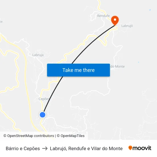 Bárrio e Cepões to Labrujó, Rendufe e Vilar do Monte map