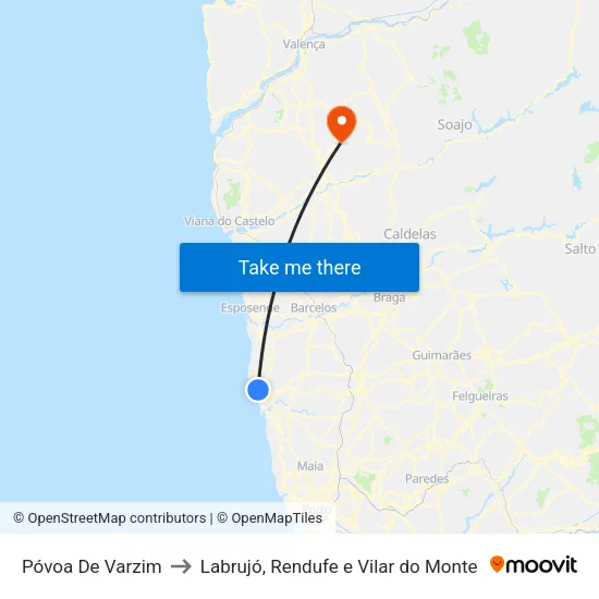 Póvoa De Varzim to Labrujó, Rendufe e Vilar do Monte map