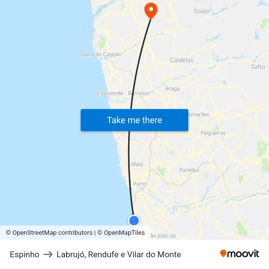 Espinho to Labrujó, Rendufe e Vilar do Monte map