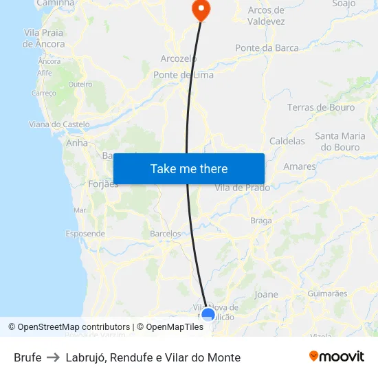 Brufe to Labrujó, Rendufe e Vilar do Monte map