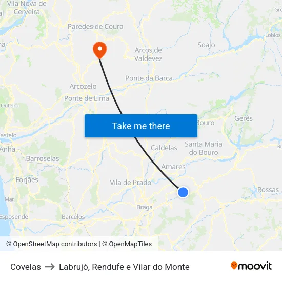 Covelas to Labrujó, Rendufe e Vilar do Monte map