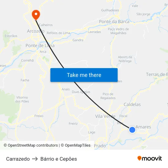 Carrazedo to Bárrio e Cepões map