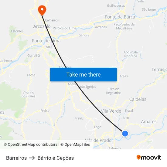 Barreiros to Bárrio e Cepões map