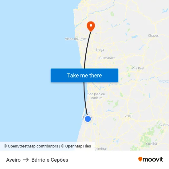 Aveiro to Bárrio e Cepões map