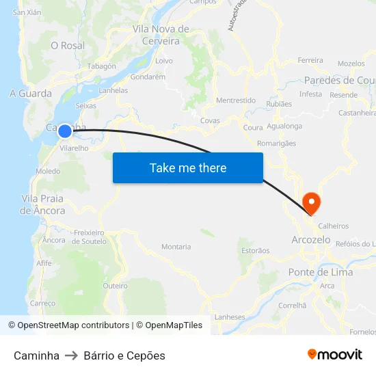 Caminha to Bárrio e Cepões map