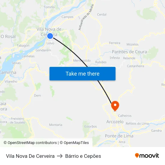 Vila Nova De Cerveira to Bárrio e Cepões map