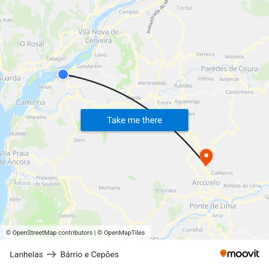 Lanhelas to Bárrio e Cepões map