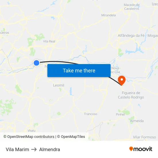 Vila Marim to Almendra map