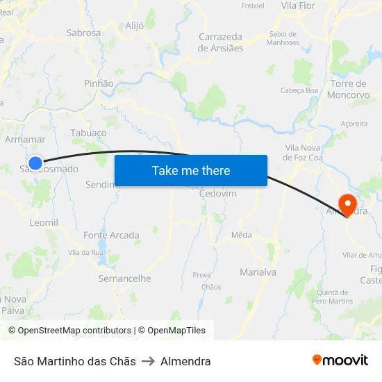 São Martinho das Chãs to Almendra map