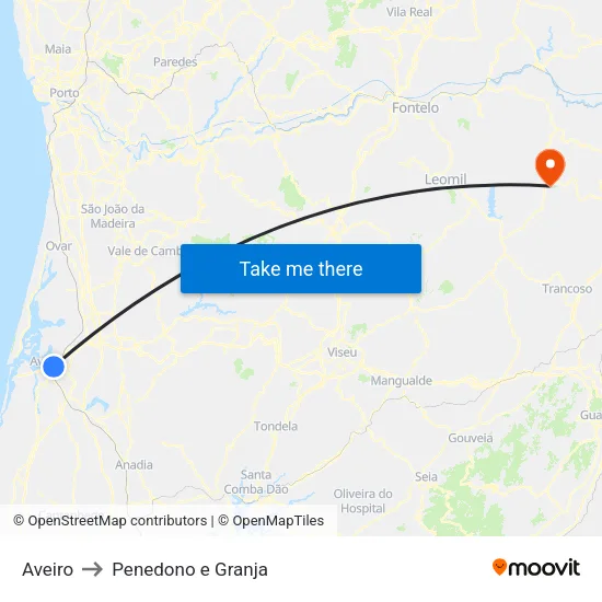 Aveiro to Penedono e Granja map