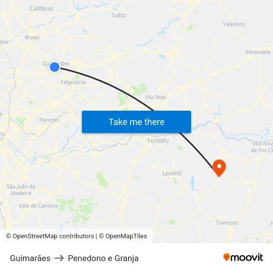 Guimarães to Penedono e Granja map