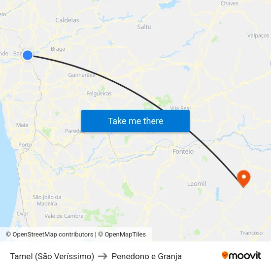 Tamel (São Veríssimo) to Penedono e Granja map