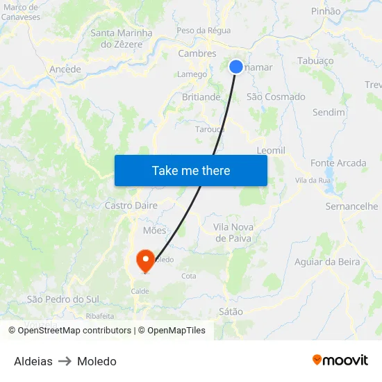 Aldeias to Moledo map