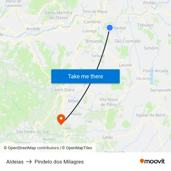 Aldeias to Pindelo dos Milagres map