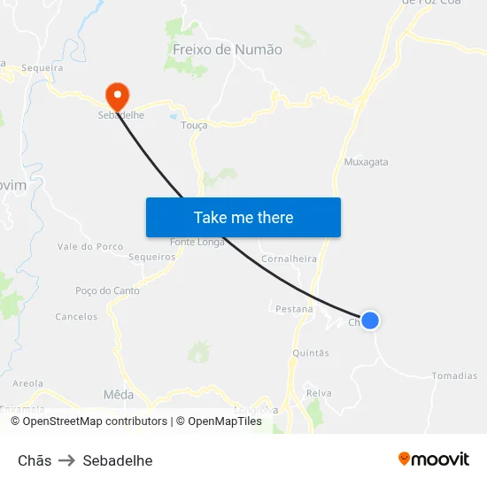 Chãs to Sebadelhe map