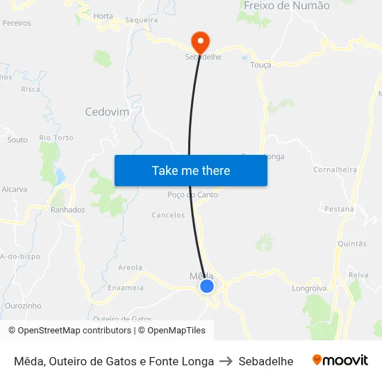 Mêda, Outeiro de Gatos e Fonte Longa to Sebadelhe map