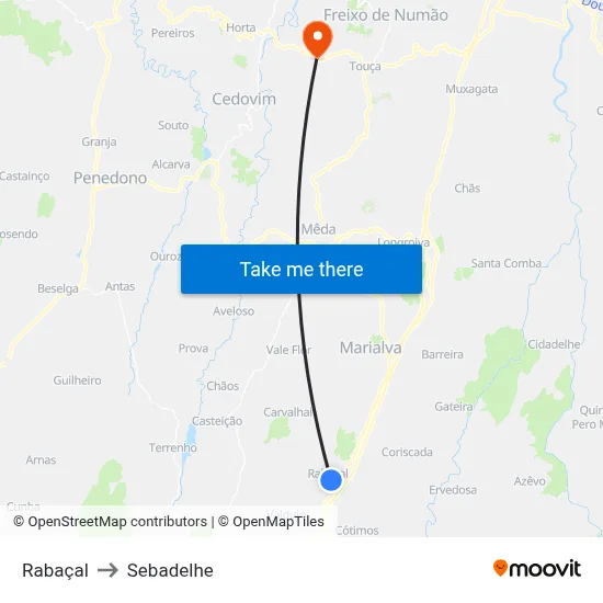 Rabaçal to Sebadelhe map