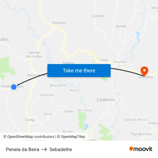 Penela da Beira to Sebadelhe map
