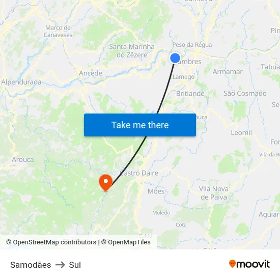 Samodães to Sul map