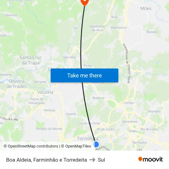 Boa Aldeia, Farminhão e Torredeita to Sul map