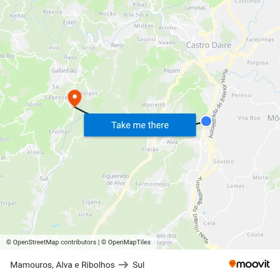 Mamouros, Alva e Ribolhos to Sul map