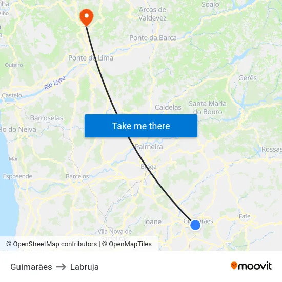 Guimarães to Labruja map