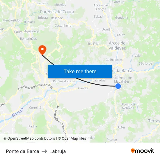 Ponte da Barca to Labruja map