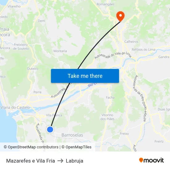 Mazarefes e Vila Fria to Labruja map
