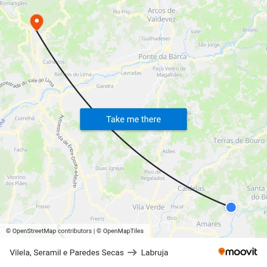 Vilela, Seramil e Paredes Secas to Labruja map