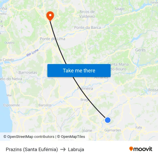 Prazins (Santa Eufémia) to Labruja map