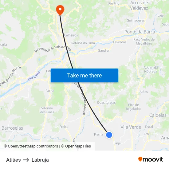 Atiães to Labruja map