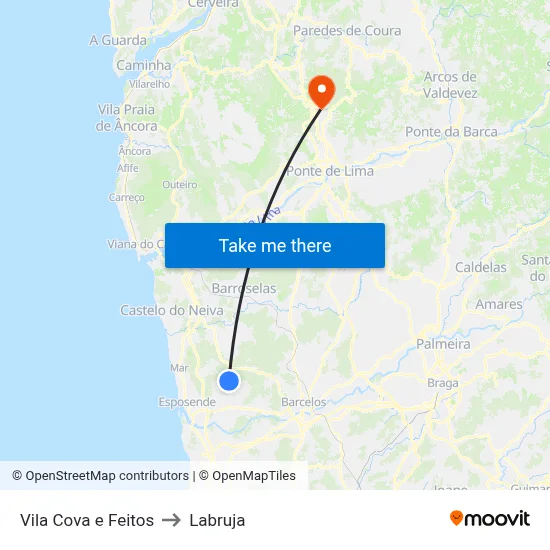 Vila Cova e Feitos to Labruja map