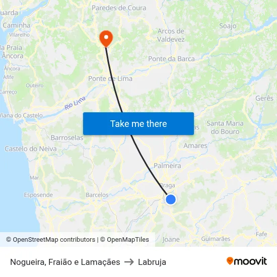 Nogueira, Fraião e Lamaçães to Labruja map