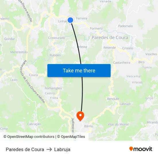 Paredes de Coura to Labruja map