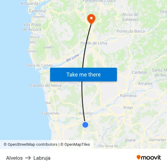 Alvelos to Labruja map