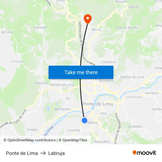 Ponte de Lima to Labruja map